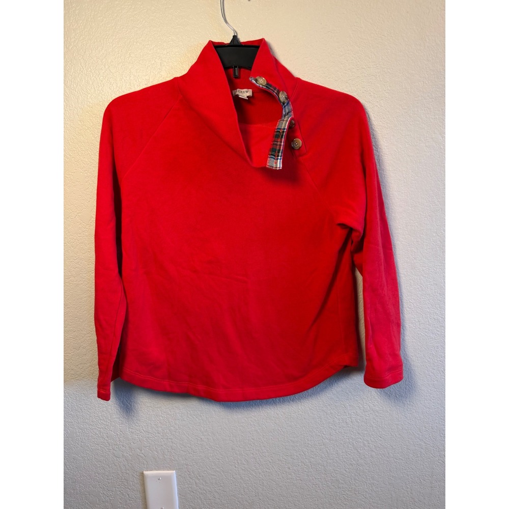 J. Crew Red Funnel Neck Plaid Trim Button Sweatshirt Medium Pullover